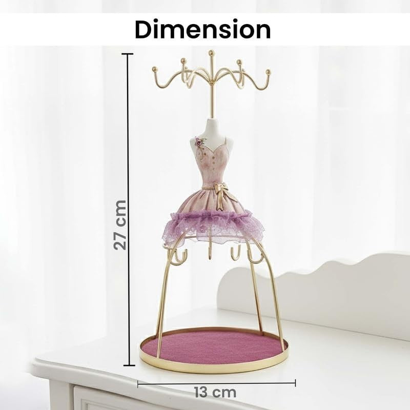 GoHooked lavender doll dress jewelry holder stand with gold hooks and velvet tray. Decorative organizer for necklaces, earrings, bracelets, rings.