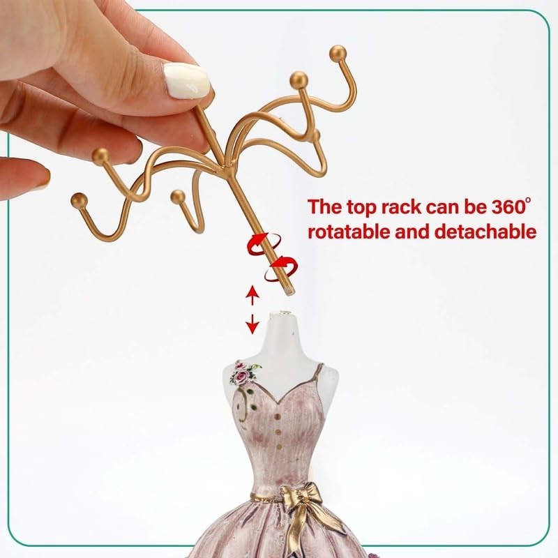 GoHooked lavender doll dress jewelry holder stand with gold hooks for necklaces and bracelets. Detachable top rack.