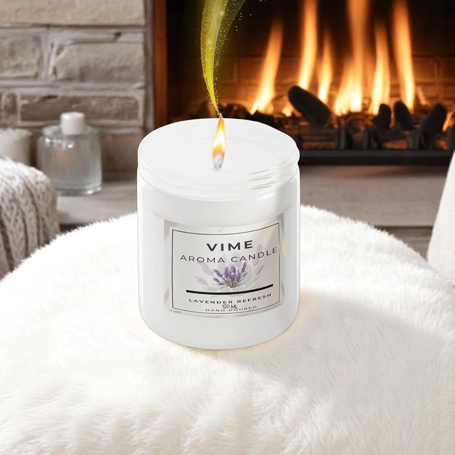 GoHooked white 120ml lavender refresh aroma candle in a jar, burning with a warm flame.