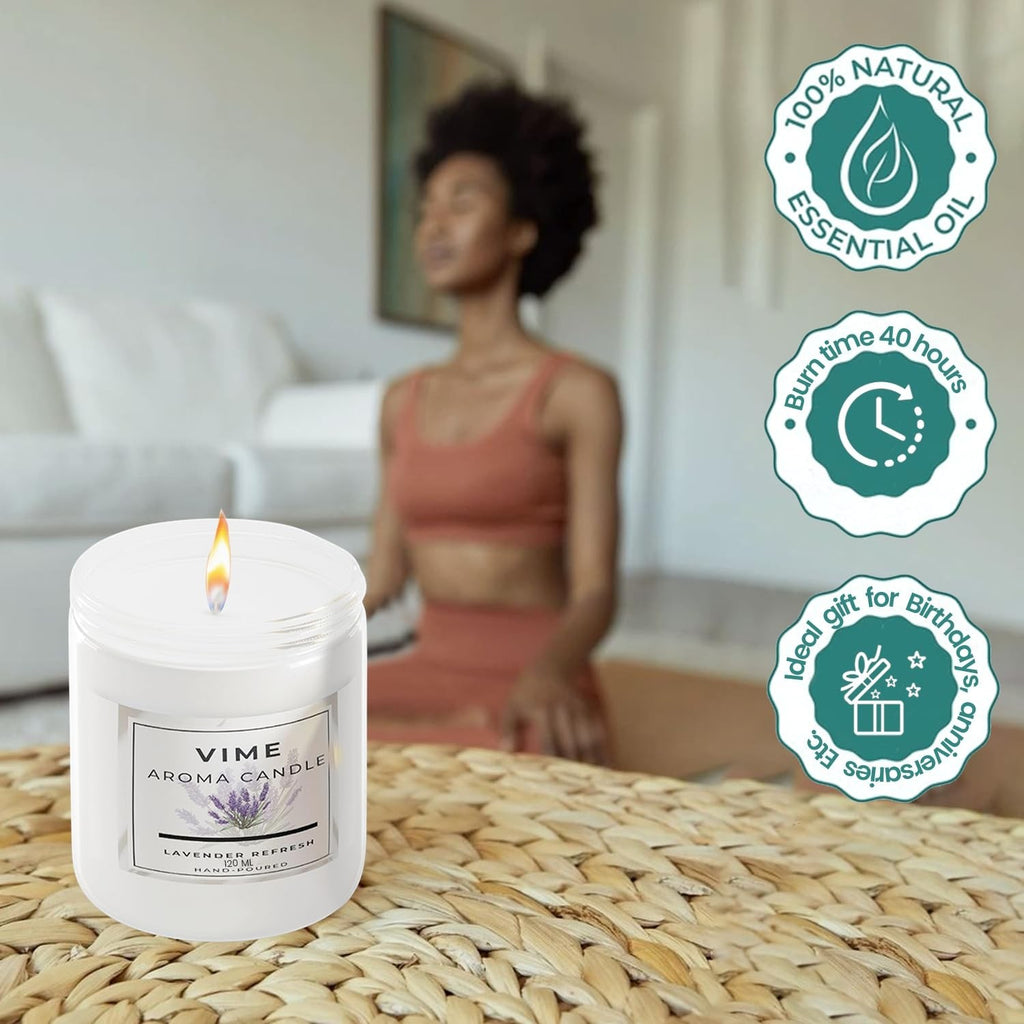 GoHooked white lavender scented aromatherapy candle in glass jar, 120 gm, 35-hour burn time, ideal for home decor and gifts.