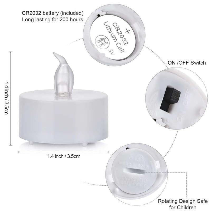GoHooked white LED tea light candle with flickering flame, 1.4 inch diameter, CR2032 battery included.