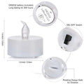 GoHooked white LED tea light candle with flickering flame, 1.4 inch diameter, CR2032 battery included.