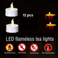 GoHooked 12-piece set of white LED flameless tea lights with flickering yellow flames, perfect for romantic occasions.