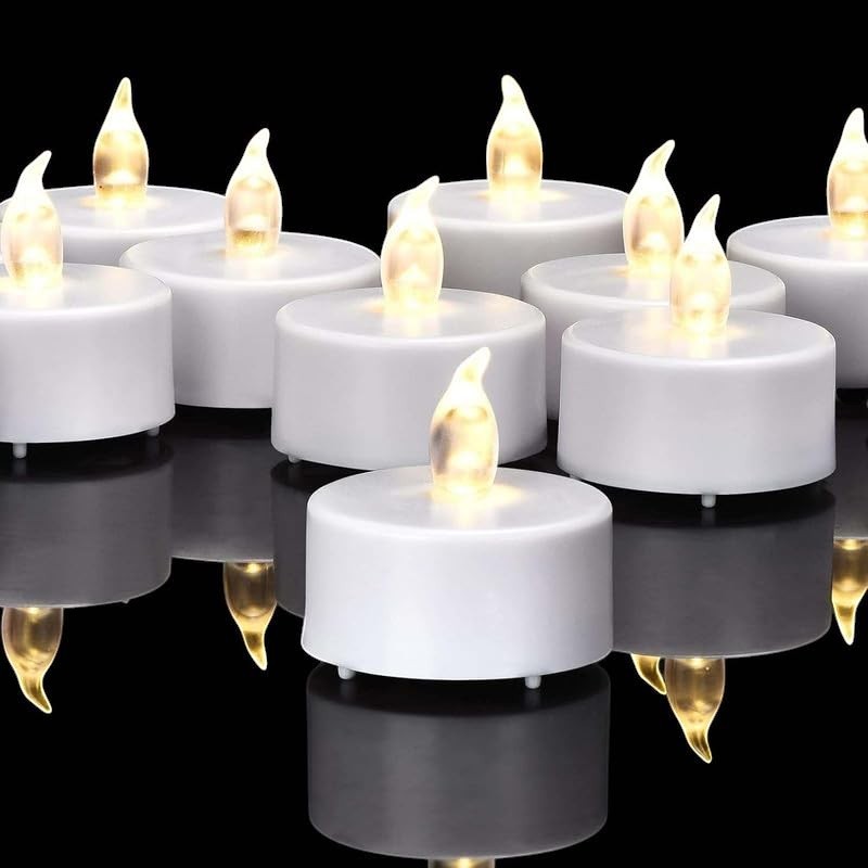 GoHooked white LED tea lights with flickering yellow flames, perfect for romantic ambiance and decor.