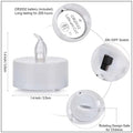 GoHooked white LED tealight candle with flame detail. Includes CR2032 battery, ON/OFF switch, and rotating safety design.
