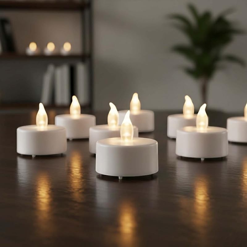 GoHooked white LED tealight candles, 12-piece set, flickering flame effect, perfect for romantic ambiance and decor.