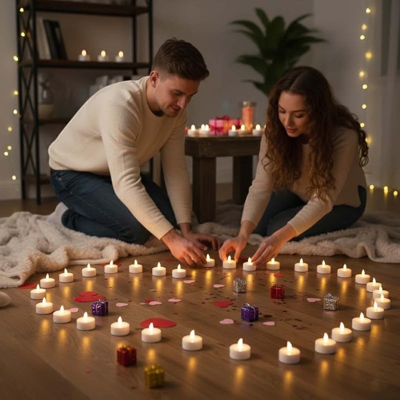 GoHooked LED tealight candles arranged in a heart shape on the floor by a couple, perfect for romantic occasions.