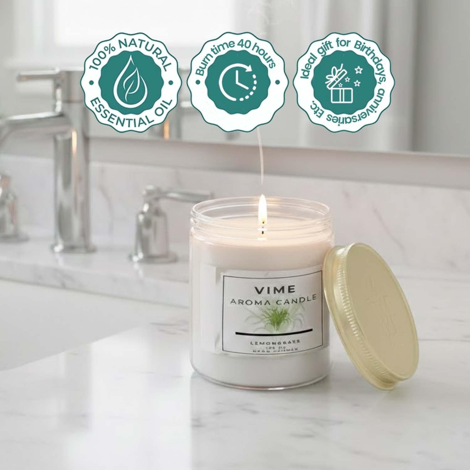GoHooked white glass jar lemongrass aroma candle with 100% natural essential oil and 40-hour burn time.