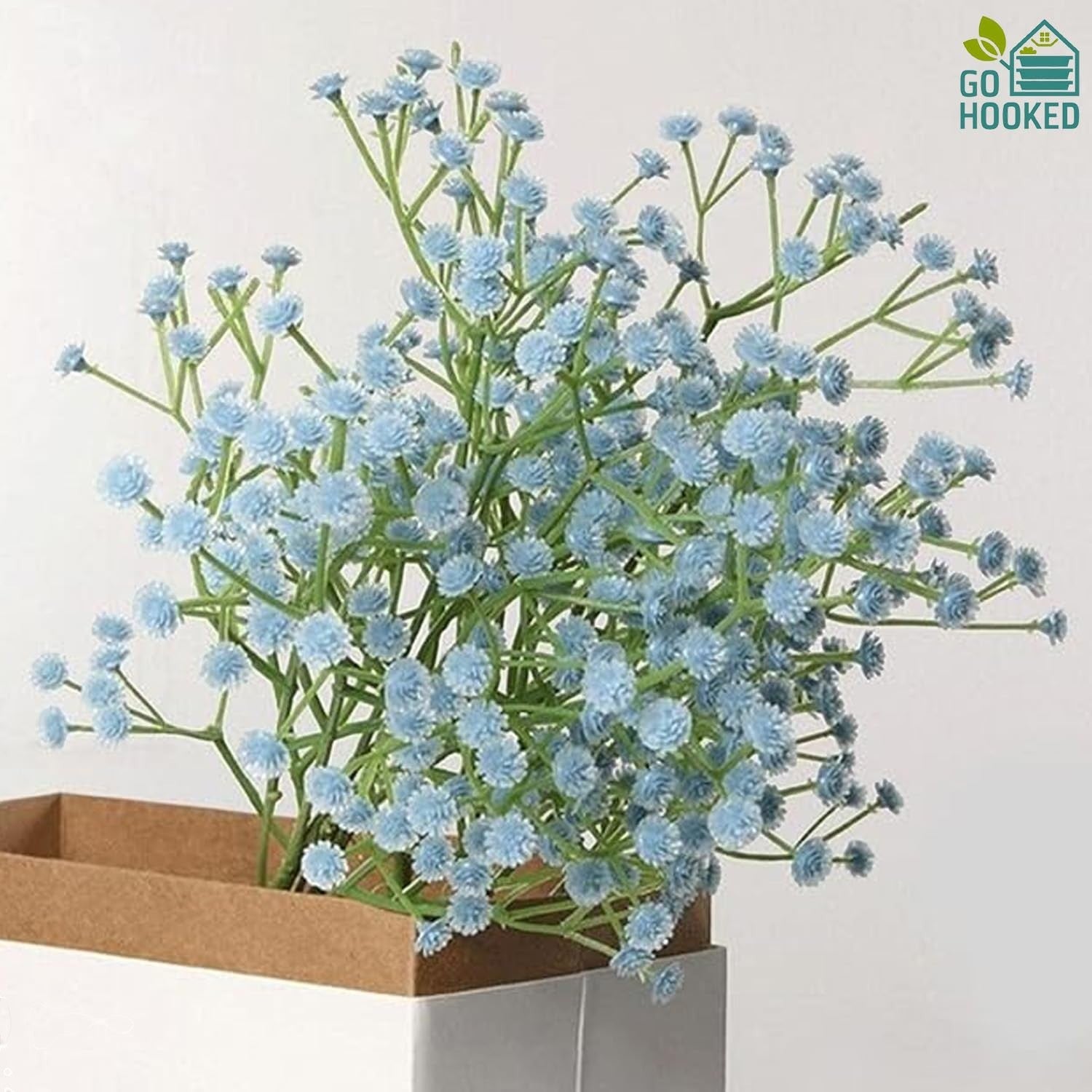 GoHooked light blue artificial baby's breath flowers with soft rubber heads and plastic stems, perfect for bouquets and arrangements.