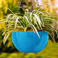 Go Hooked light blue plastic hanging flower pot with woven texture and chain, 7.1 inch diameter.
