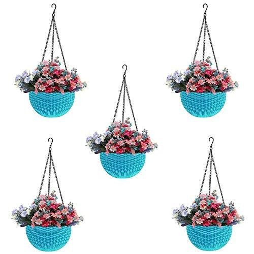 GoHooked light blue plastic hanging flower pots with woven texture, set of 5. Each pot holds colorful artificial flowers.