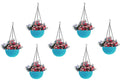 Go Hooked light blue round plastic hanging planters with woven texture, holding colorful flowers. Pack of 7.