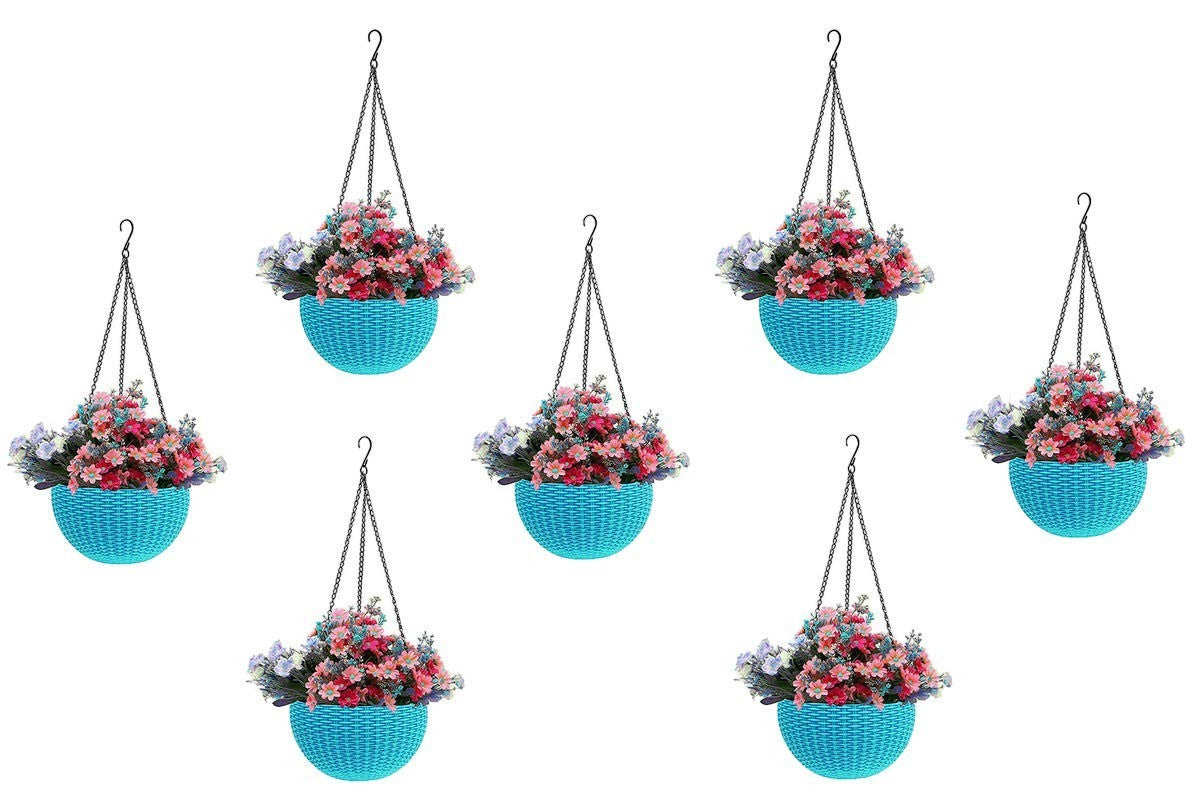 Go Hooked light blue round plastic hanging planters with woven texture, holding colorful flowers. Pack of 7.