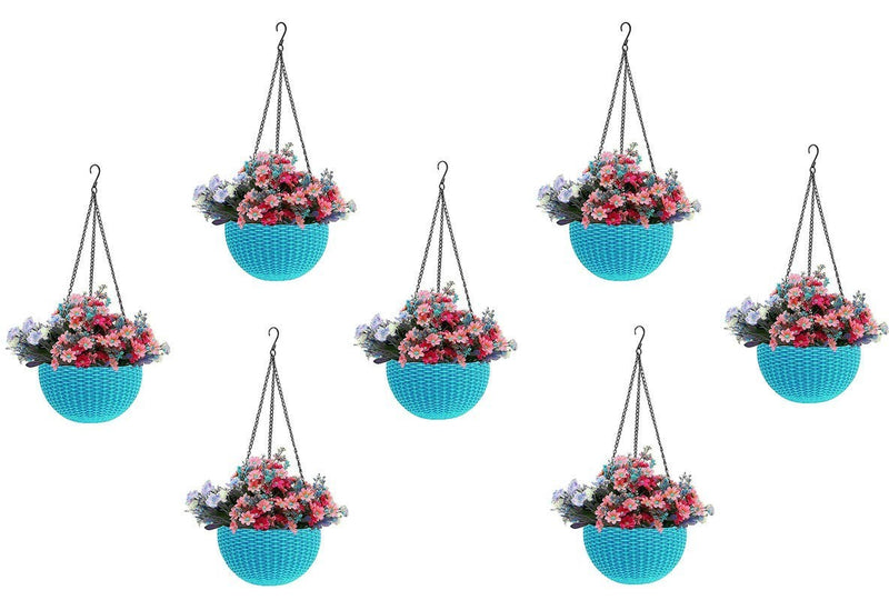Go Hooked light blue round plastic hanging planters with woven texture, holding colorful flowers. Pack of 7.