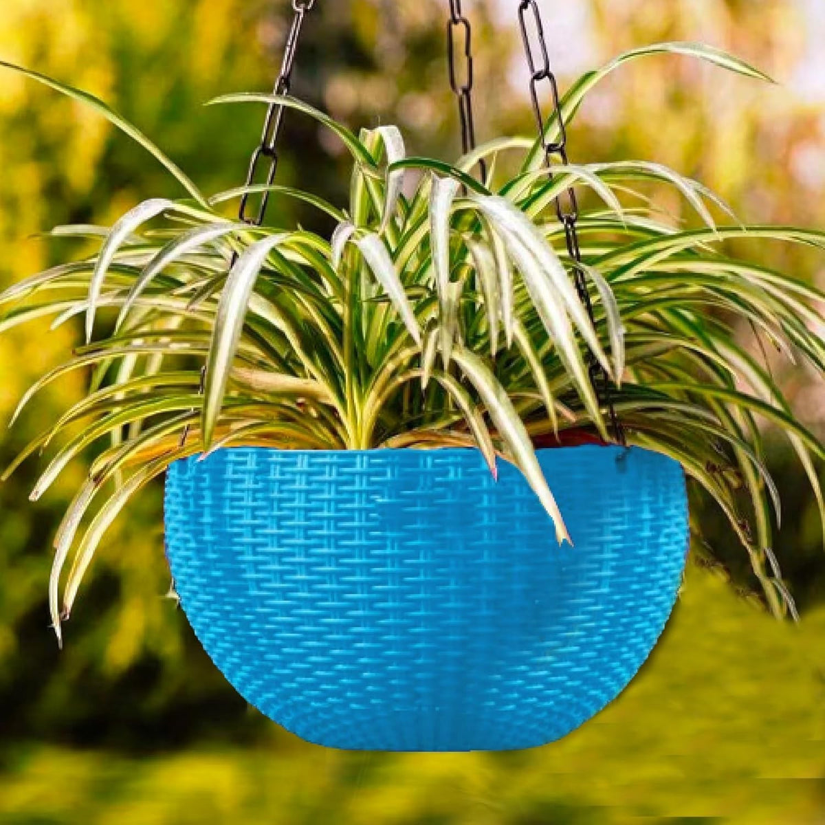GoHooked light blue plastic hanging pot with woven texture, 7.1 inch diameter, for indoor/outdoor use.
