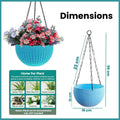 GoHooked light blue plastic hanging pot with woven texture and chain. Ideal for indoor/outdoor plants.