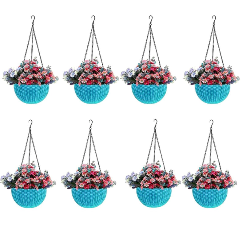 GoHooked light blue plastic hanging pots with woven texture, filled with pink and purple flowers. Set of 8.