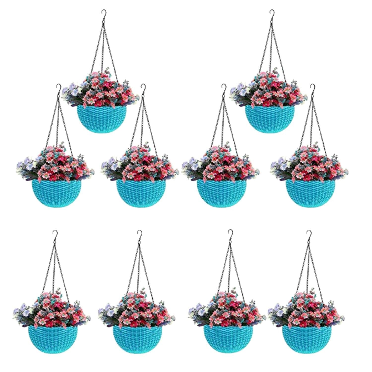 GoHooked light blue plastic hanging pots with woven texture, 7.1 inch diameter, filled with pink and purple flowers. Set of 10.
