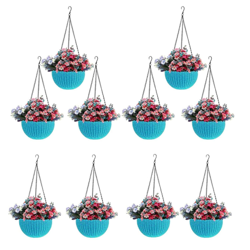 GoHooked light blue plastic hanging pots with woven texture, 7.1 inch diameter, filled with pink and purple flowers. Set of 10.