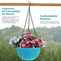 GoHooked light blue plastic hanging pot with woven texture, filled with colorful artificial flowers. Improves air circulation.