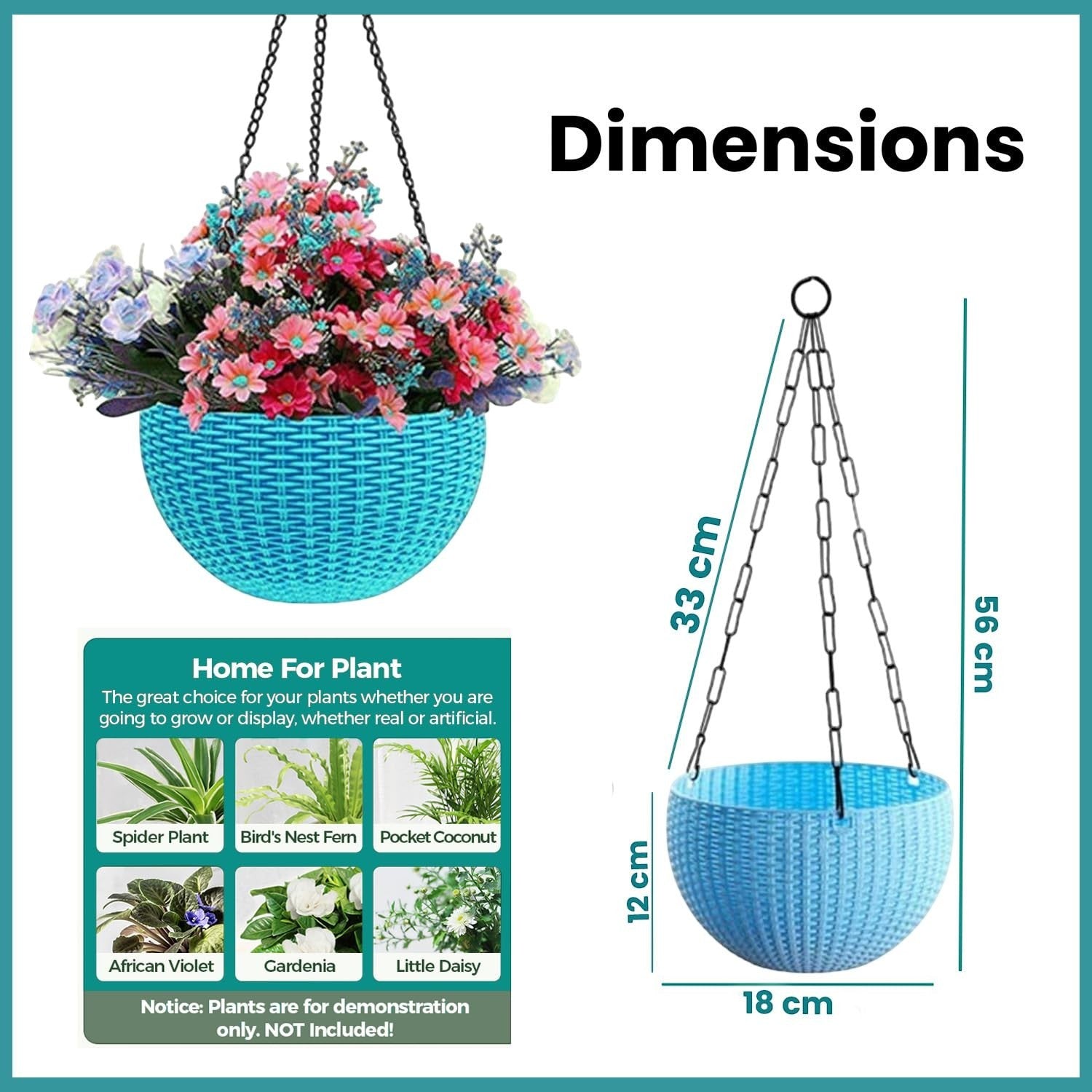 GoHooked light blue plastic hanging pot with woven texture, 7.1 inch diameter, 4.8 inch height. Set of 4.