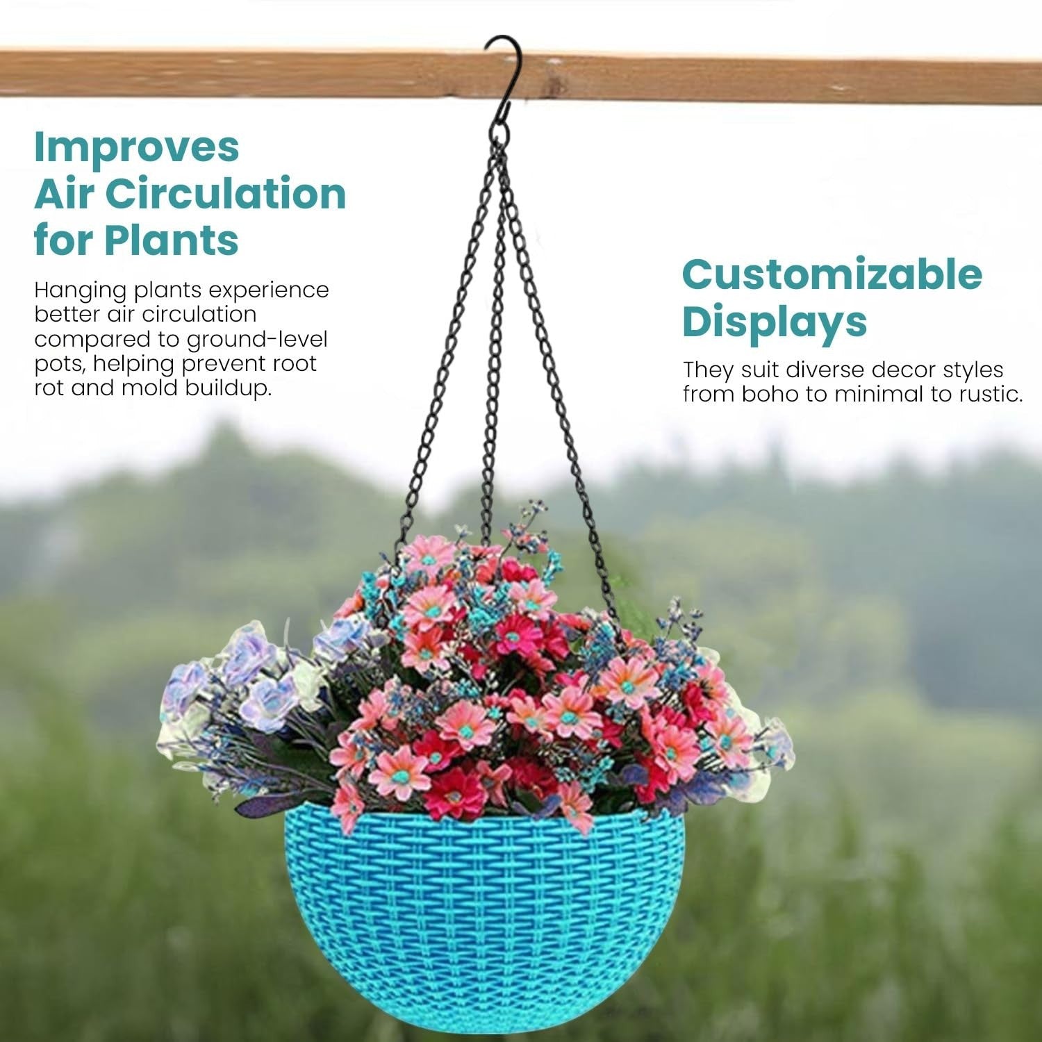 GoHooked light blue plastic hanging pot with woven texture and chain, filled with colorful flowers.