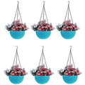 GoHooked set of 6 light blue plastic hanging plant pots with woven texture and faux flowers.
