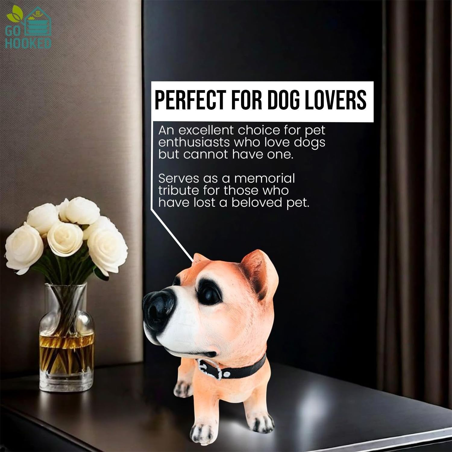 GoHooked light brown polyresin dog figurine with black collar, realistic hand-painted details, perfect for home or car decor.