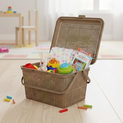 Go Hooked light brown plastic picnic basket with lid, handle, and snap lock, filled with toys and diapers.
