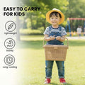 Go Hooked light brown plastic picnic storage basket with lid and handle, held by a smiling child.