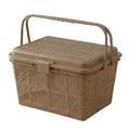 GoHooked light brown plastic picnic storage basket with lid and handle, ideal for toys, diapers, and essentials.