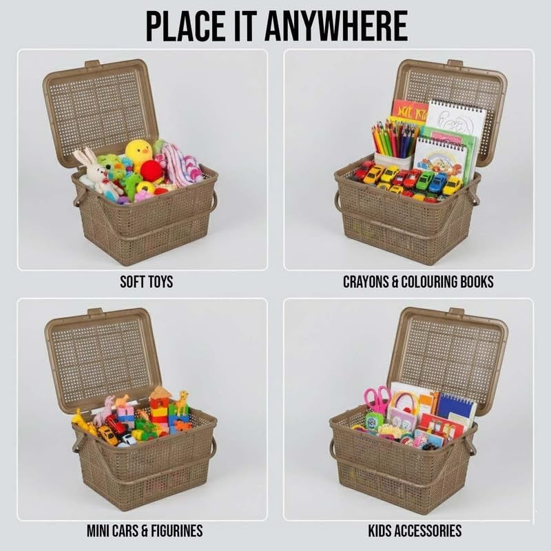 GoHooked light brown plastic picnic storage basket with lid, handle, and snap lock, shown organizing toys, crayons, books, and accessories.