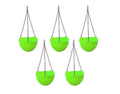 GoHooked light green plastic hanging flower pots with metal chains, set of 5. Woven texture design.