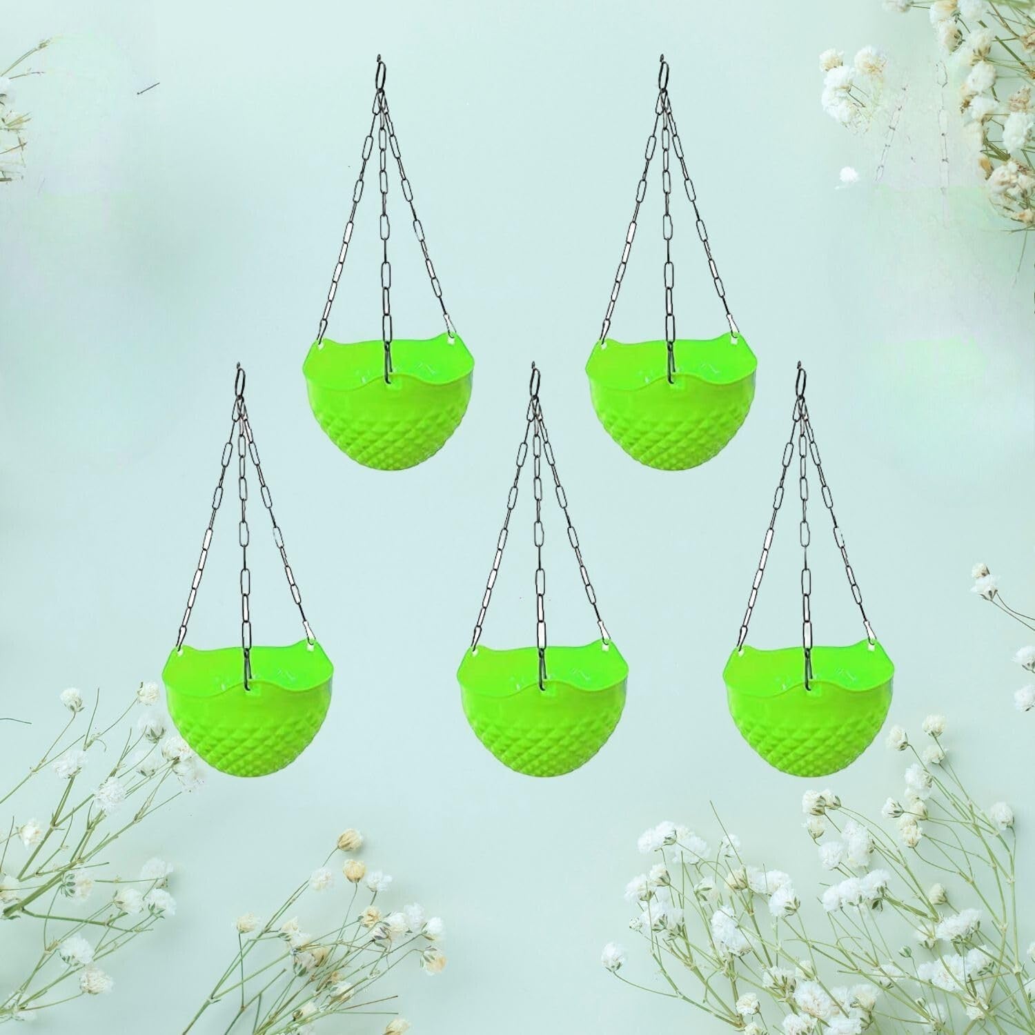 GoHooked light green plastic hanging planter with woven texture and metal chain. Pack of 3.