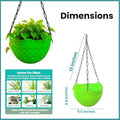 GoHooked light green plastic hanging planter with woven texture and metal chain. 8.5 inch diameter.