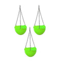 GoHooked set of 3 light green plastic hanging planters with woven texture and metal chains.