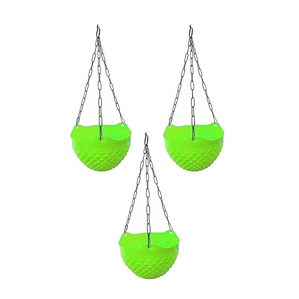 GoHooked set of 3 light green plastic hanging planters with woven texture and metal chains.