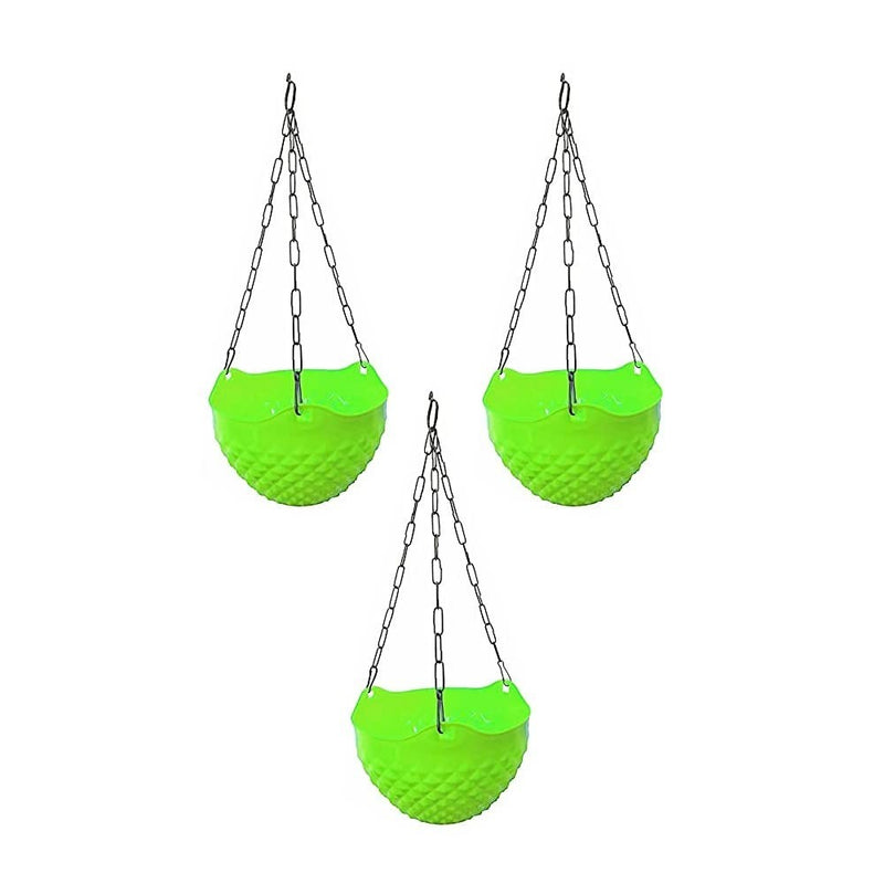GoHooked set of 3 light green plastic hanging planters with woven texture and metal chains.