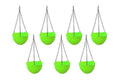 GoHooked set of 7 light green plastic hanging planters with metal chains, featuring a woven texture and round shape.