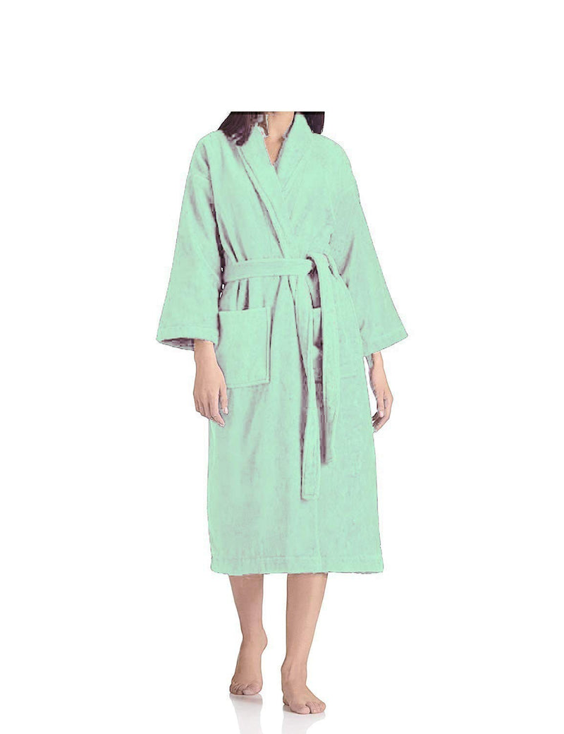GoHooked light green polycotton full-length bathrobe with shawl collar, two pockets, and removable belt.