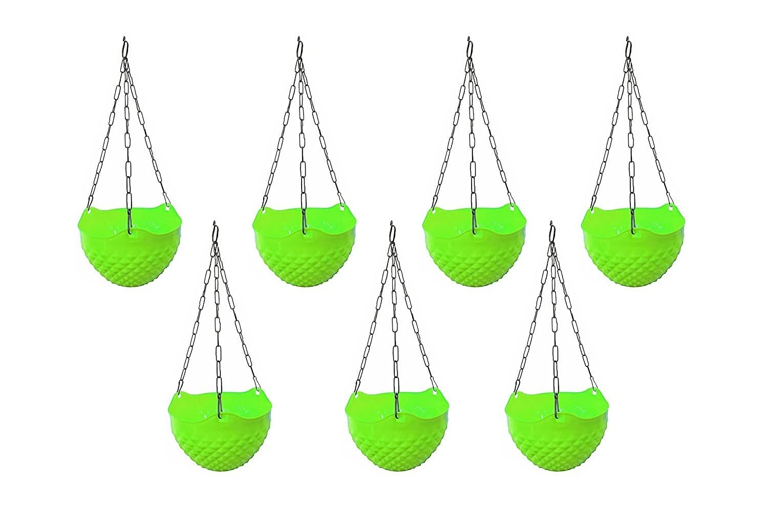 GoHooked Set of 7 light orange plastic hanging planters with woven texture and metal chains.