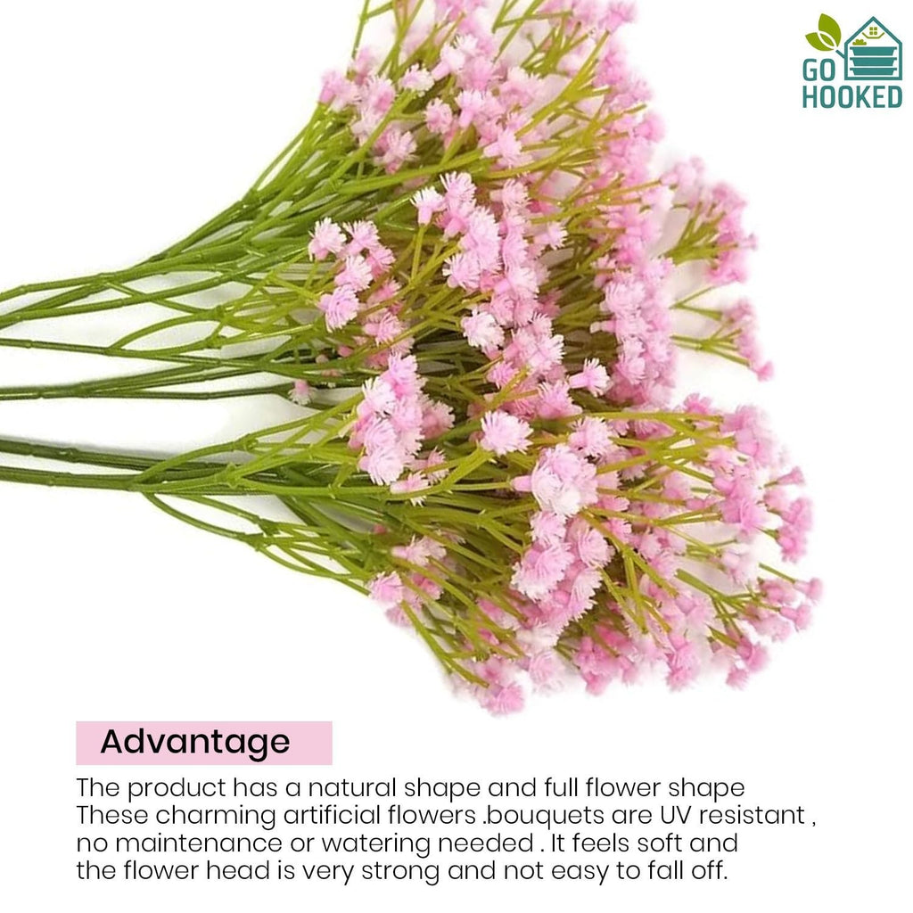GoHooked light pink artificial baby's breath flowers with green stems, made of soft rubber and plastic.