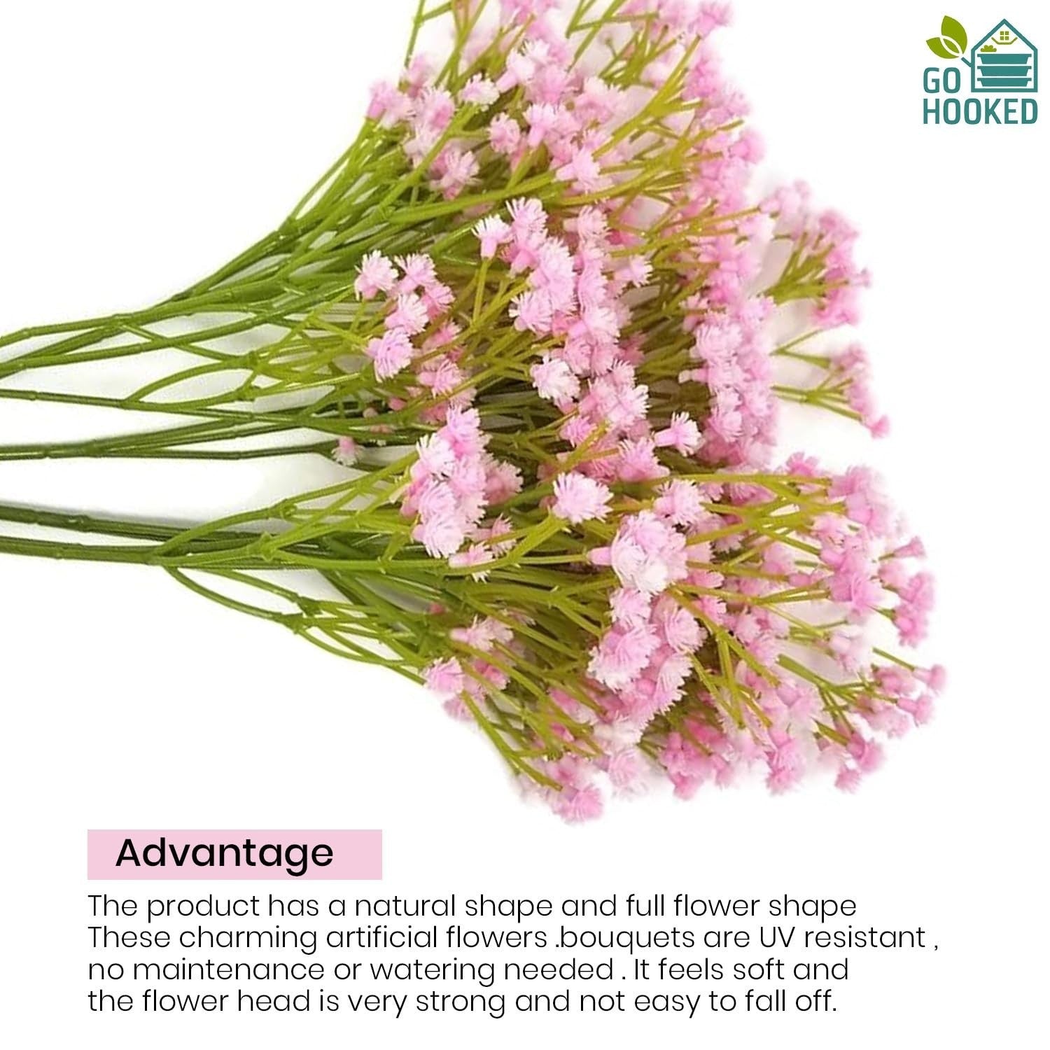 GoHooked light pink artificial baby's breath flowers with green stems, made of soft rubber and plastic.
