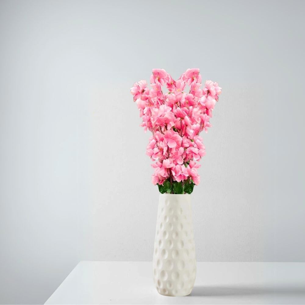 GoHooked light pink artificial flowers in a textured white ceramic vase. Realistic faux blossoms for home and office decor.