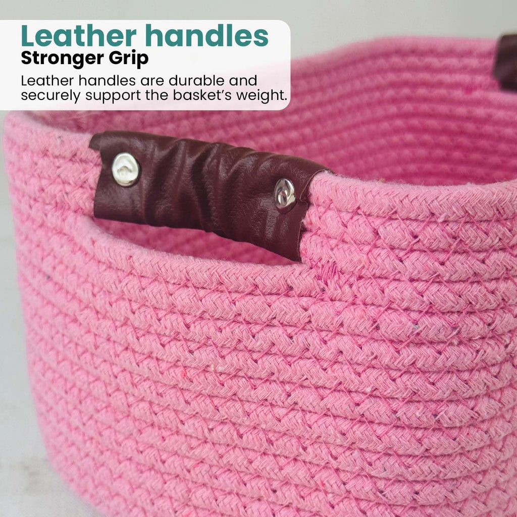 GoHooked light pink rectangular cotton rope storage basket with brown PU leather handles.