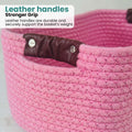 GoHooked light pink rectangular cotton rope storage basket with brown PU leather handles.