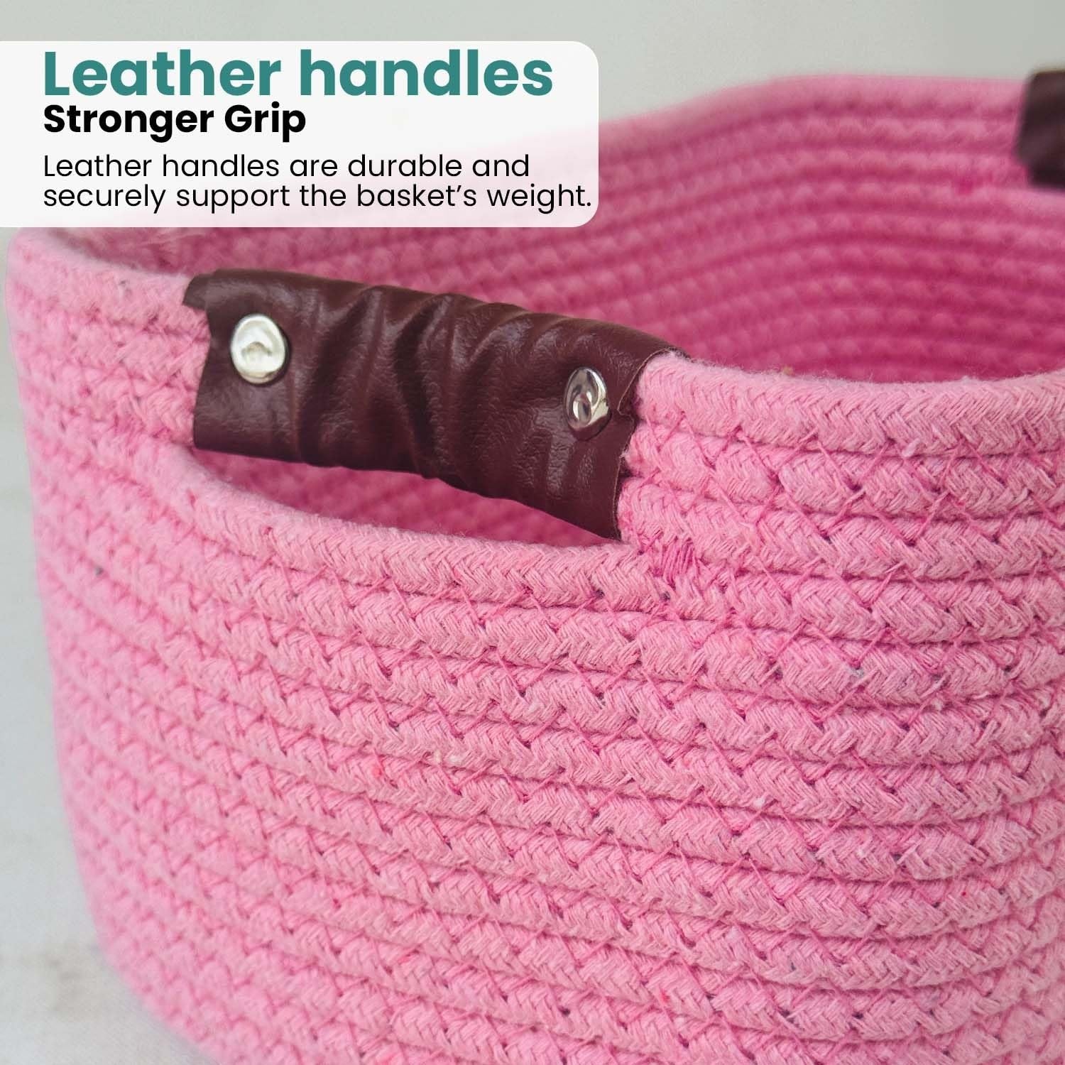 GoHooked light pink rectangular cotton rope storage basket with brown PU leather handles.