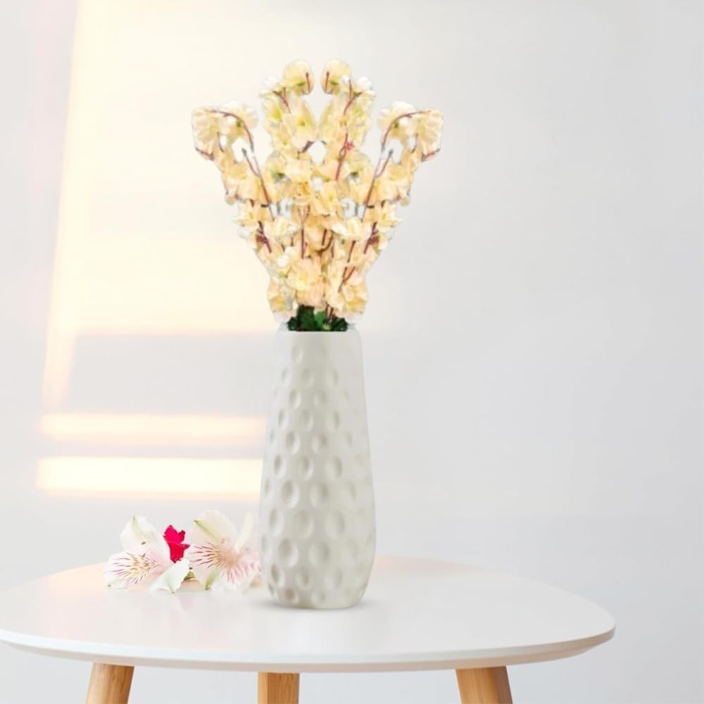 GoHooked light yellow artificial flowers in a white textured vase, realistic faux blossoms for home and office decor.