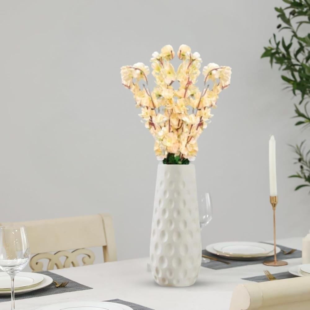 GoHooked light yellow artificial flowers in a white textured vase, perfect for home or office decor.