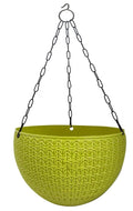 GoHooked lime green round plastic hanging planter with woven texture and metal chain. Set of 5.